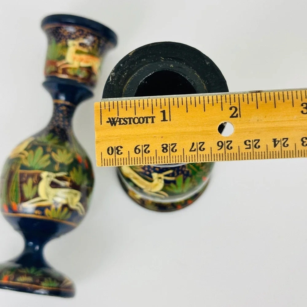 Vintage Kashmiri Hand Painted Wood Candlestick Holders Gazelle Deer Folk Art Set